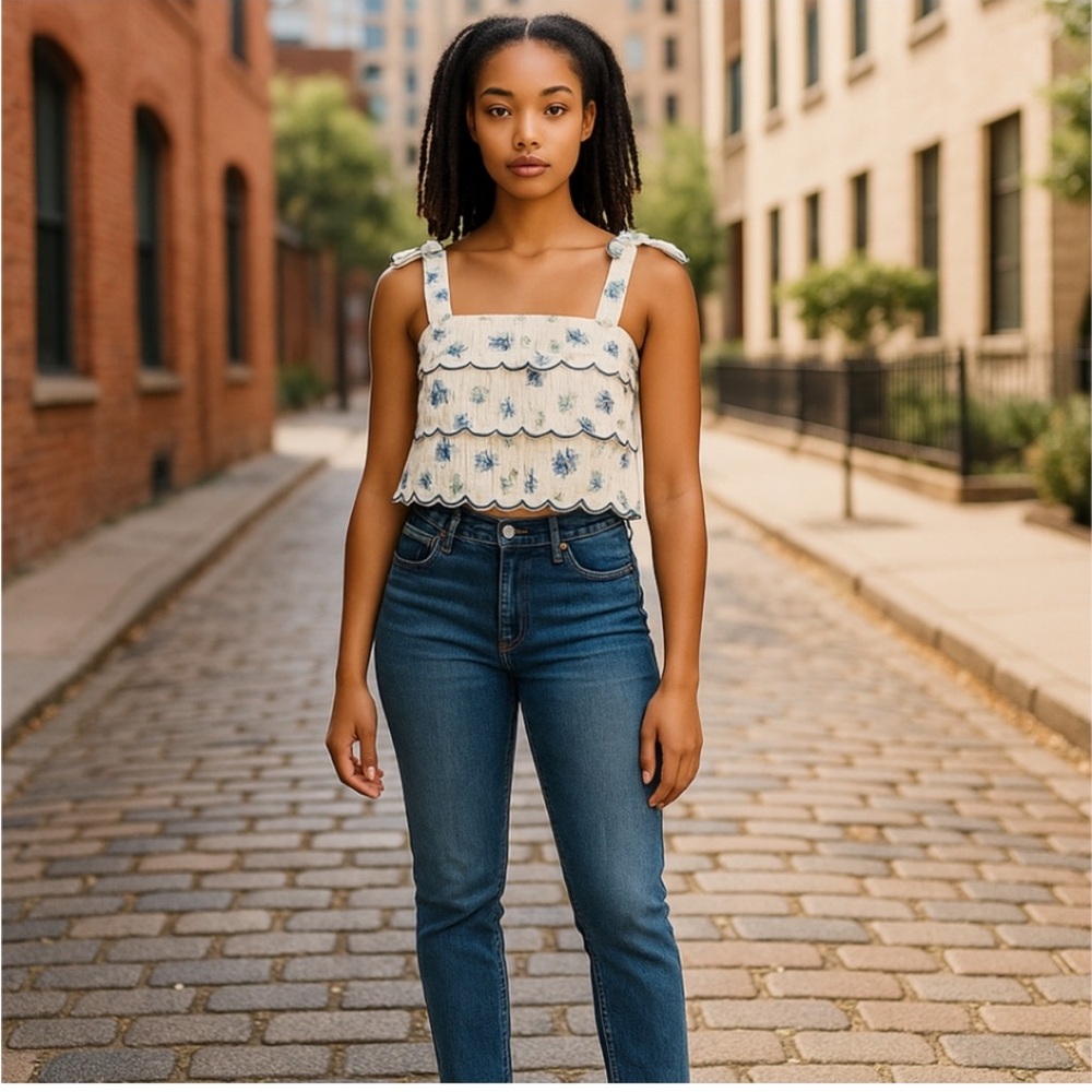 Copper Key Cream and Blue Floral Crop Top